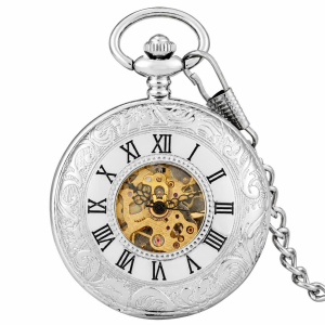 Reloj de bolsillo mecánico esqueleto con cadena de 30 cm