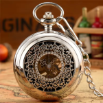 Reloj de bolsillo mecánico plateado con tapa calada