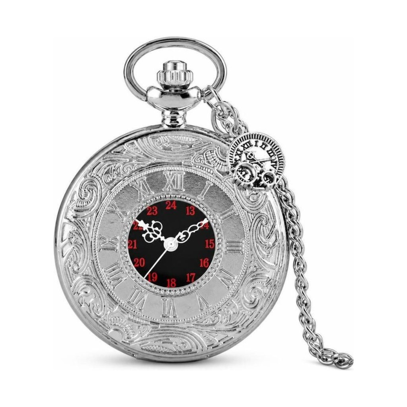 Reloj de bolsillo plateado de cuarzo con números romanos
