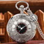 Reloj de bolsillo plateado de cuarzo con números romanos