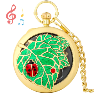 Reloj de bolsillo quartz con hoja y mariquita — Dorado amarillo