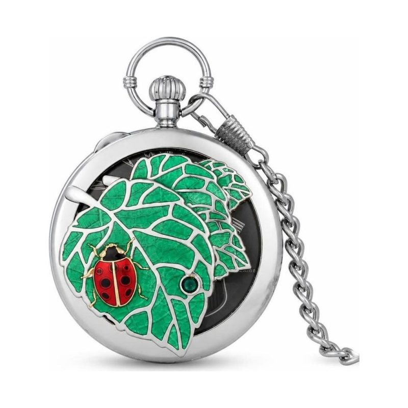 Reloj de bolsillo quartz con hoja y mariquita — Gris oscuro