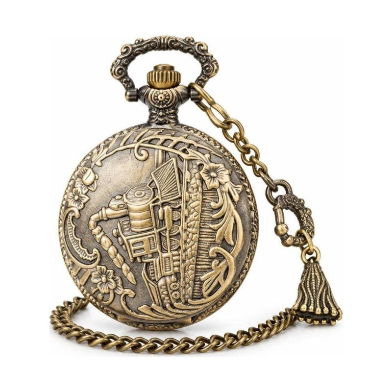 Reloj de bolsillo quartz con locomotora en bronce