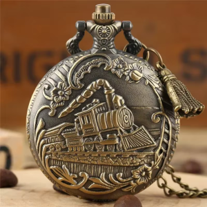 Reloj de bolsillo quartz con locomotora en bronce