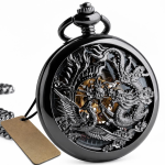 Reloj de bolsillo steampunk con dragón y fénix — Negro