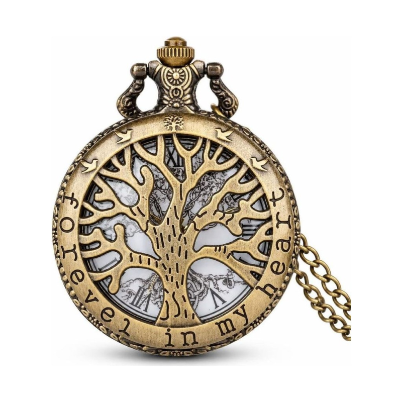 Reloj de bolsillo steampunk de bronce con árbol del mundo
