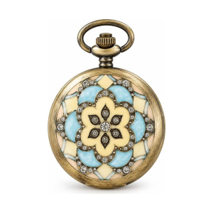 Reloj mecánico de bolsillo con esfera abierta y flores